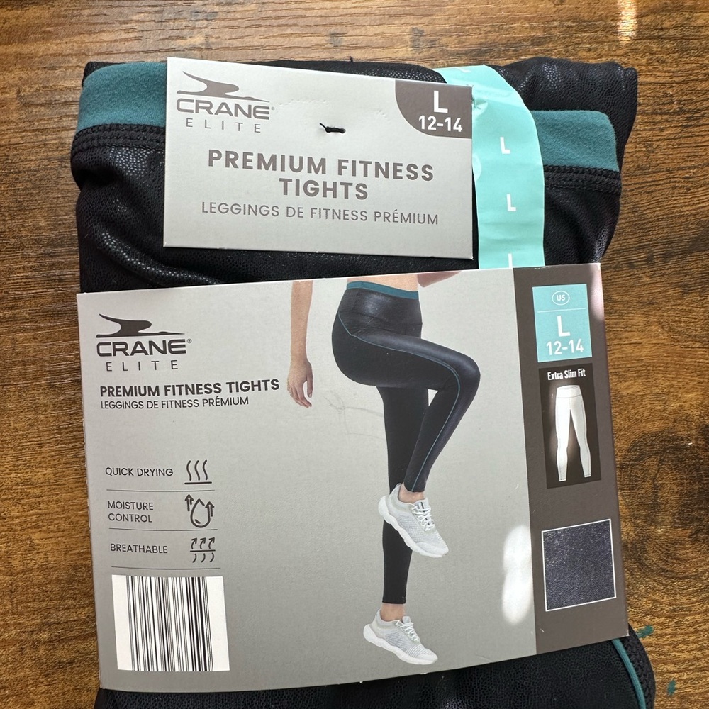 Crane Elite Black Fitness Leggings L 12-14 NWT Extra Slim Fit High Waisted